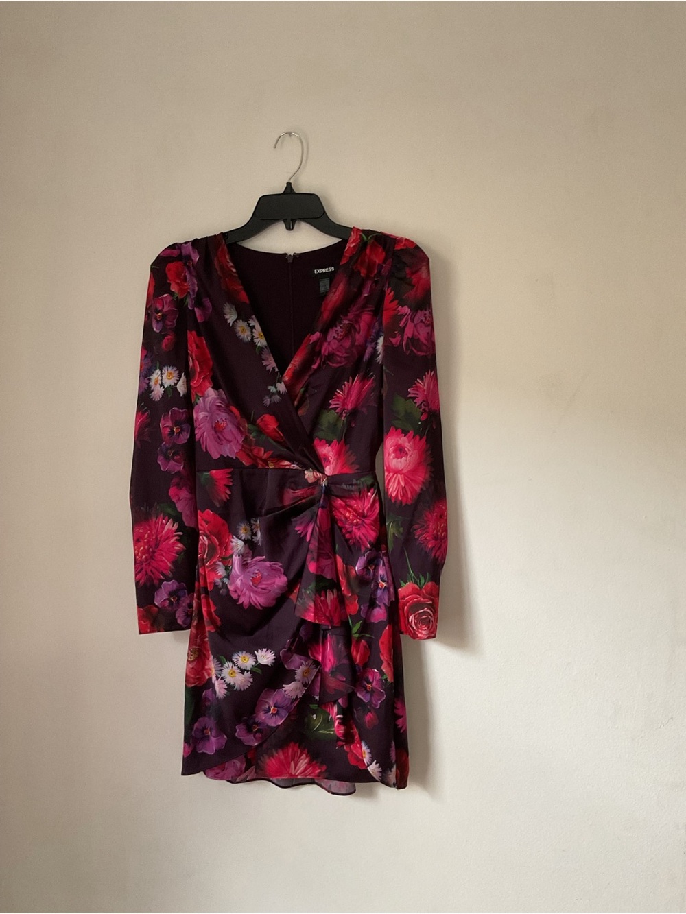 Express Purple Floral Long-Sleeve Wrap Dress